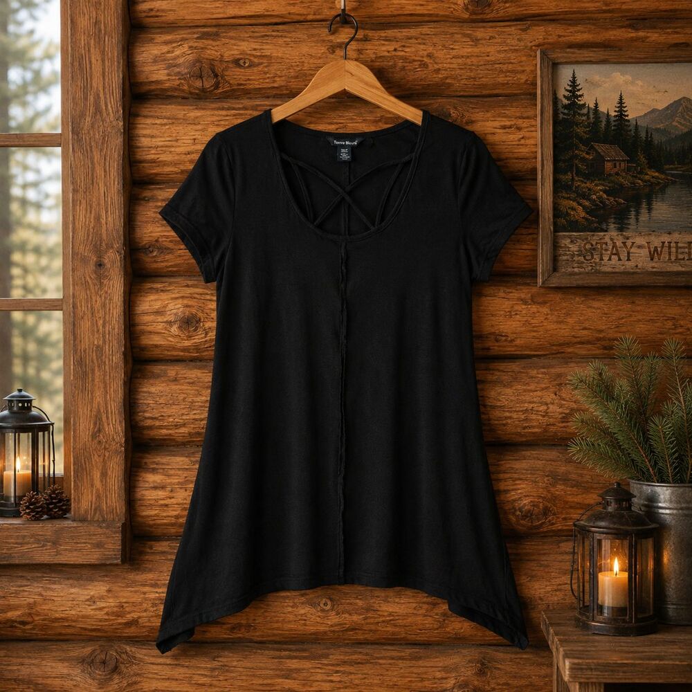 Terre Bleue Black Asymmetrical Hem Short Sleeve Tunic Top Women's Size Small